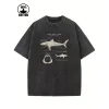 Great White Shark Print Vintage Acid Washed T-Shirt