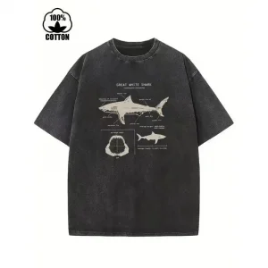 Great White Shark Print Vintage Acid Washed T-Shirt